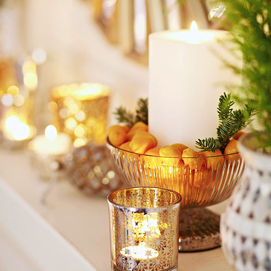 artistic decoration ideas fruits and candles mantelpiece