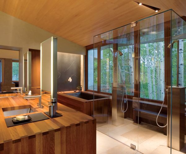 contemporary bathroom design ideas bathtub wooden furniture glass shower cabin