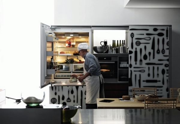 contemporary kitchen appliances and furniture fridge black white pattern