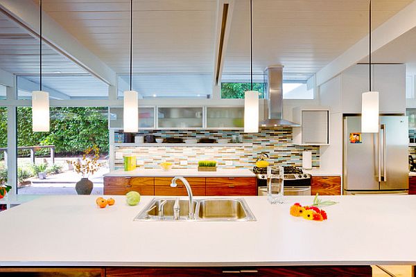 contemporary kitchen design brown and blue backsplash