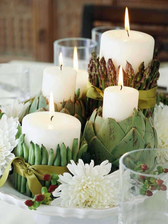 easy Thanksgiving decor ideas candles artichoke beans flowers
