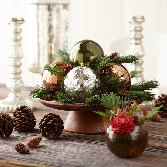 easy holiday decor ideas tray ornaments evergreens