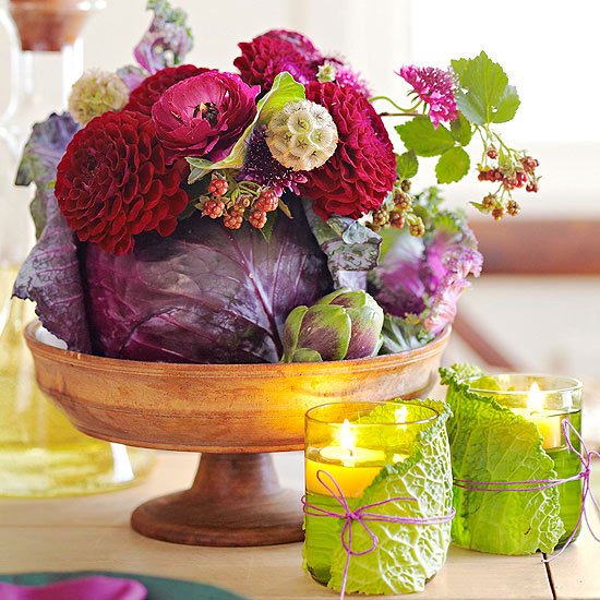 centerpiece vegetables candles cabbage leaves