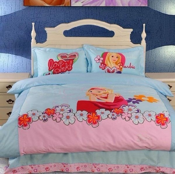 light blue and pink Barbie bedding set with flowers