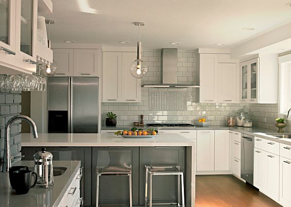 modern white and grey kitchen with grey backsplash