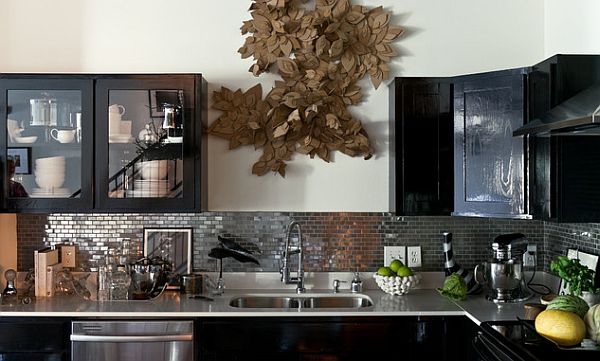 silver backsplash tiles design black kitchen cabinets
