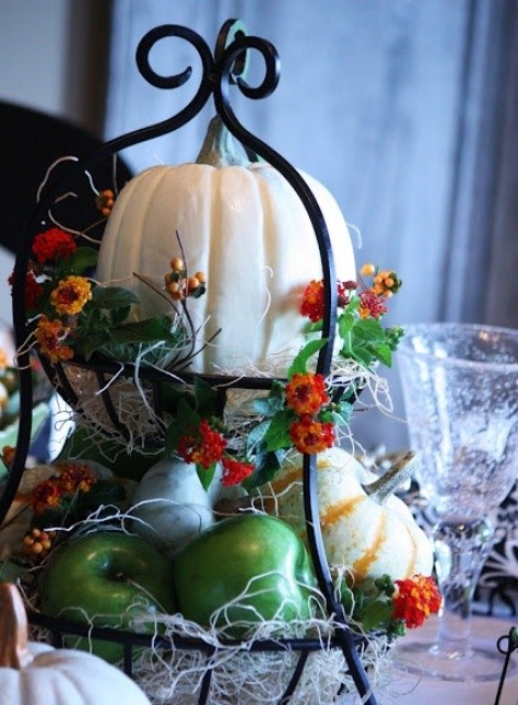 stylish decorations for thanksgiving pumpkin and fresh fruits table centerpiece