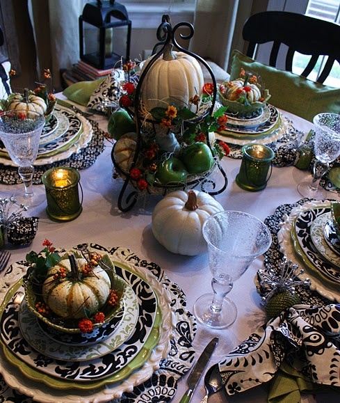 table decorations for thanksgiving white pumpkin green accents