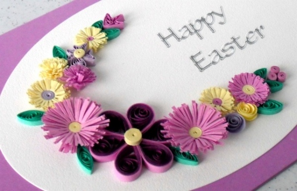 Easter decorations quilled greeting card purple pink flowers