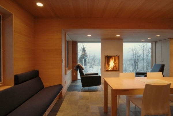 Mountain cabin wood interior trim fireplace design