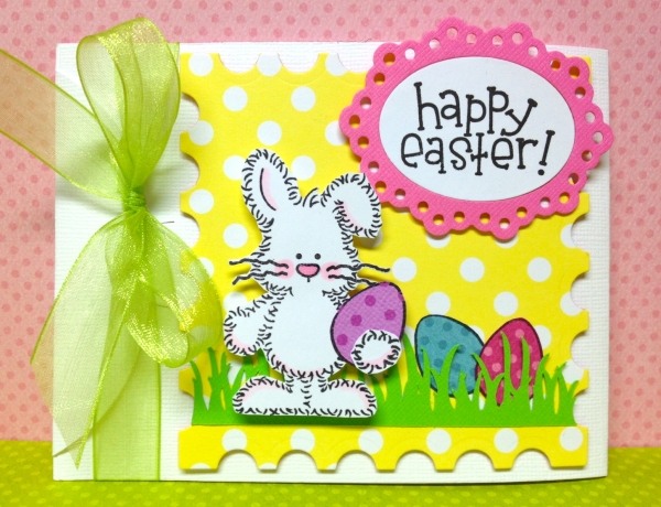 beautiful cute bunny with eggs green ribbon