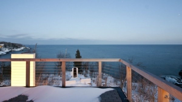 rooftop wooden railing Lake Superior view 