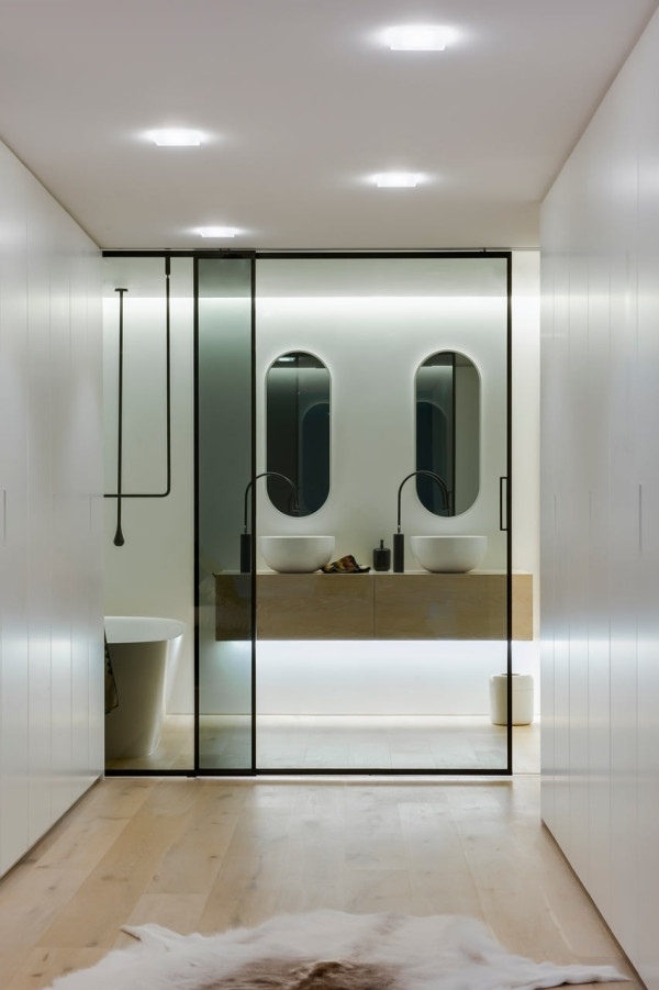 contemporary home bathroom interior design sliding glass door wooden floor
