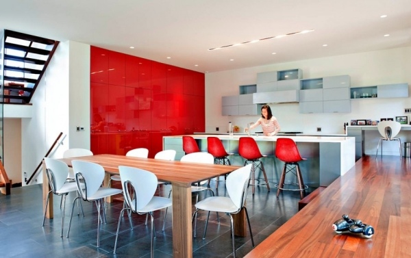 modern kitchen design with red color accents and elements