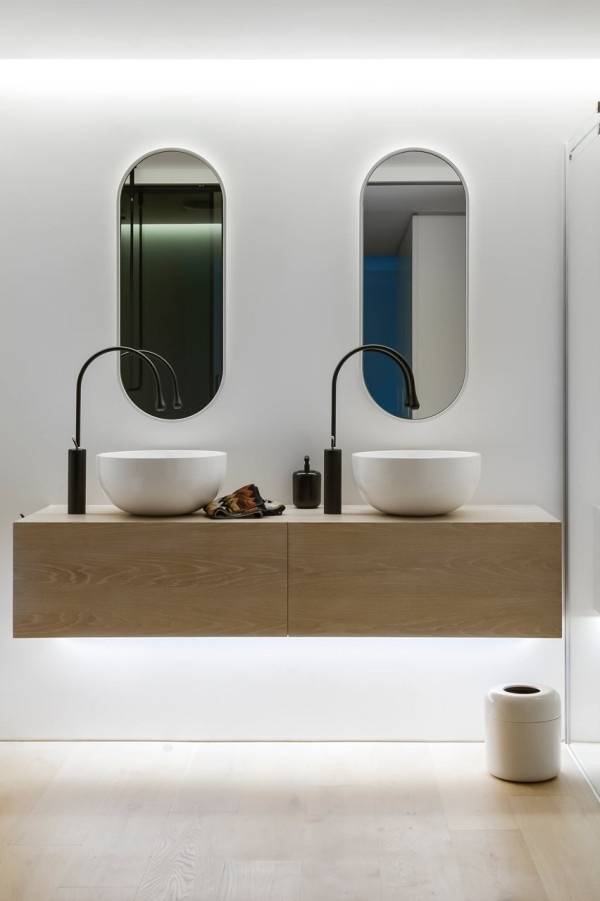 modern small bathroom design Minosa double sink curved mirrors
