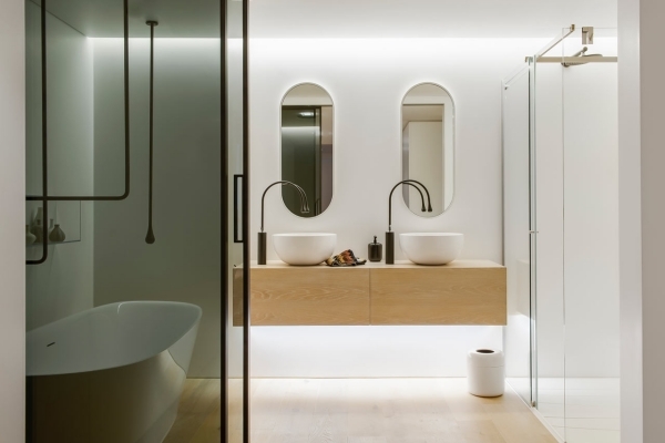modern small bathroom design ideas Minosa sink glass wall