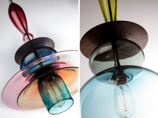stacked glass chandeliers by esther patterson multicolored glassand walnut wood