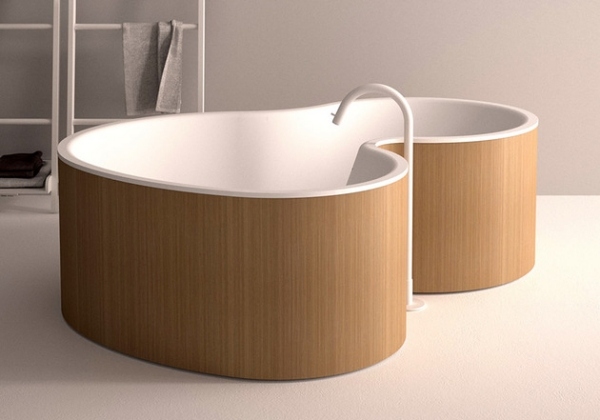 super modern freestanding tub curved lines wooden sides