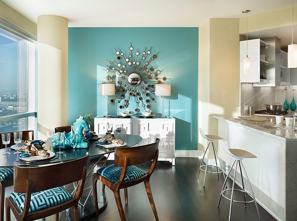 turquoise accents and shining accessories in dining area