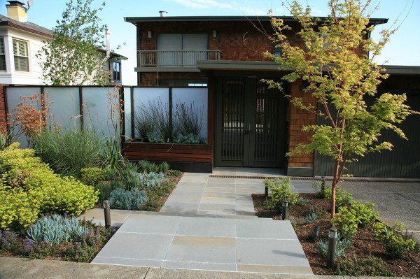 Concrete slabs pavers house exterior design privacy garden fence