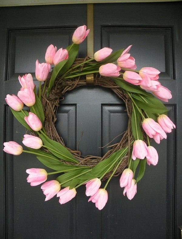 DIY front door easter wreath tender pink tulips