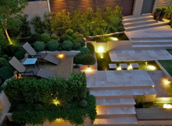 Garden-design-terracing-lighting-concrete-paving-stone-recessed-lighting-stairs
