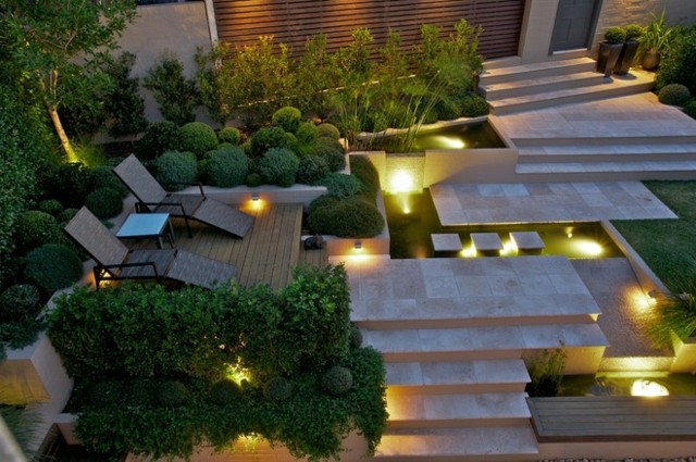 Garden ideas terracing lighting concrete paving stone recessed lighting 