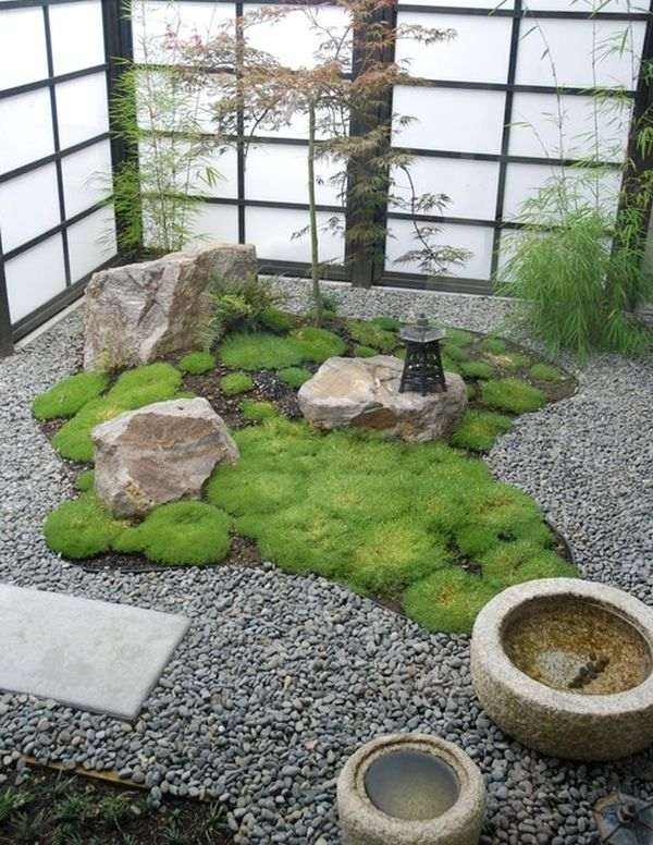 Japanese garden Shoji screens arrangement of stones water feature