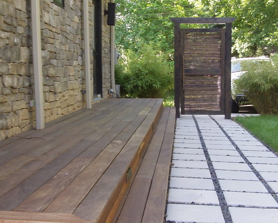 door frame wooden deck concrete tiles path