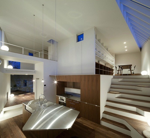 multilevel staircase kitchen dining room