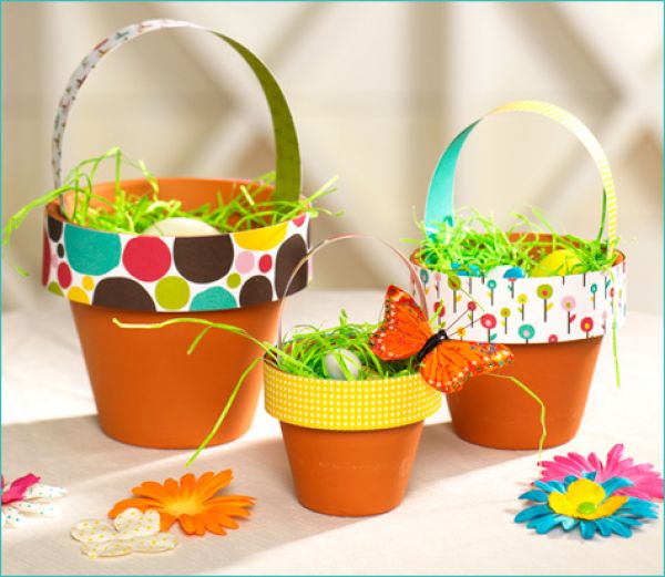 cheerful easter holiday decoration table centerpiece flower pots paper grass flowers