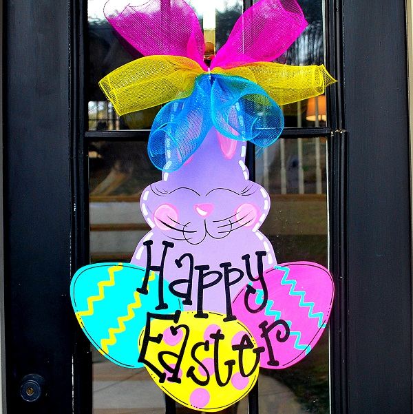 colorful easter front door decoration bunny eggs mesh ribbon