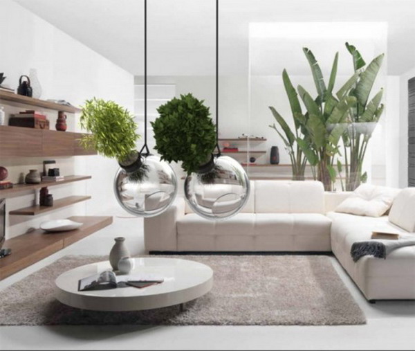 contemporary living space interior design glass hanging planters idea