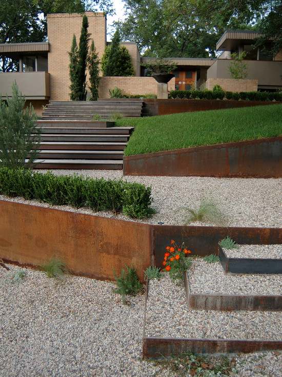 creative landscape architecture levelled metal walls stairs