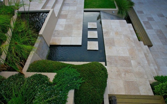 creative landscape design mini pond terraces evergreen plants