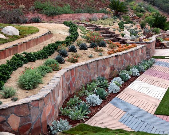 curved retaining wall design ideas mediterranean style landscape design