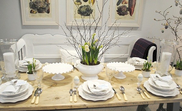 easter dinner decorations elegant table setting in white flowers twigs centerpiece