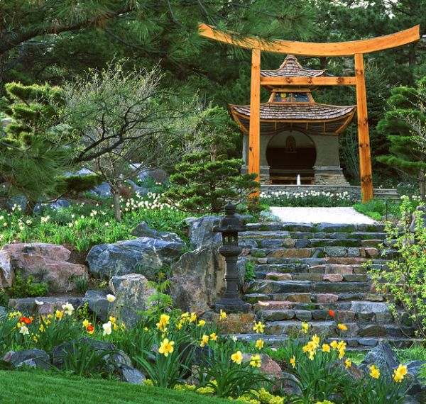 elegant Japanese style landscape natural stone path stairs temple