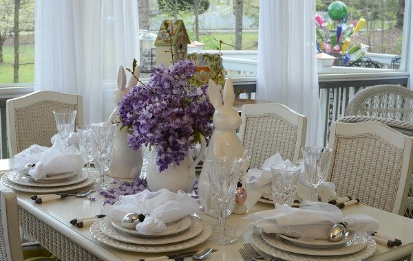easter table ideas lilac centerpiece white rabbit silver eggs
