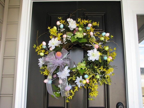 front door Easter wreath flowers eggs silk ribbon