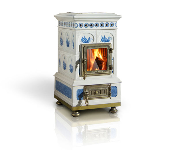 small stove white tiles blue decorations