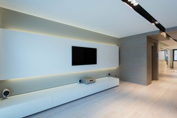 minimalist interior white TV cabinet hardwood floor