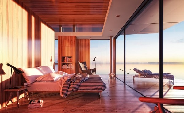 modern boathouse project by Myitr Malcew bedroom large deck sun lounger