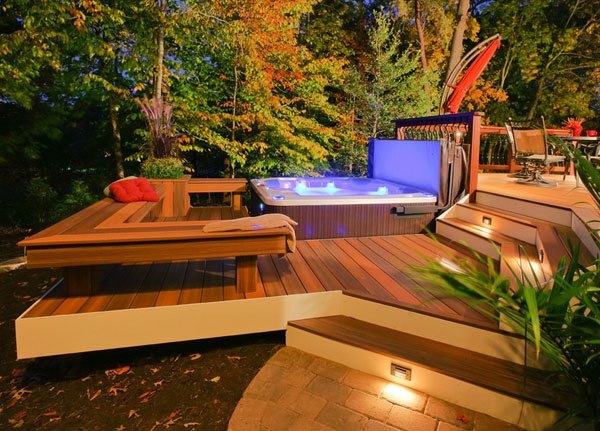 modern backyard hot tub spa wood deck