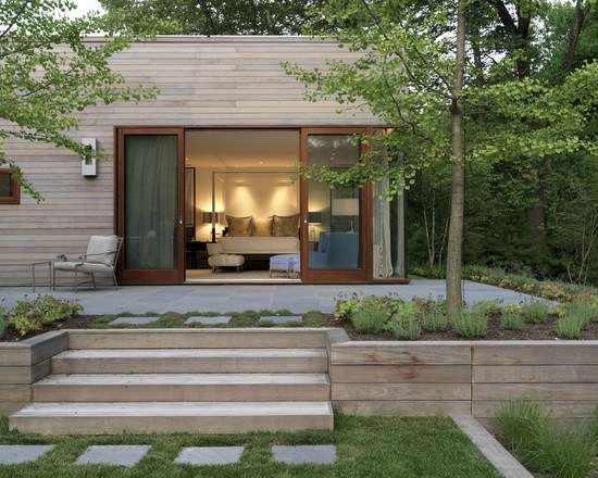 modern house exterior garden deck