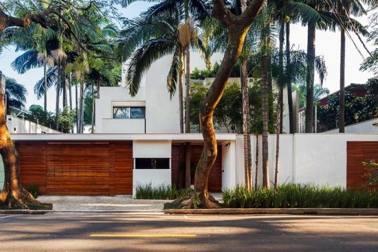 modern house palm tree garage door and white garden fence