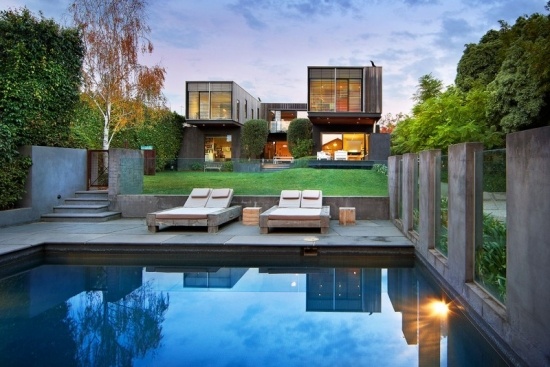 modern house pool concrete and glass garden fence