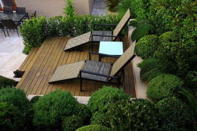 modern landscape patio design wooden deck evergreen perennials 