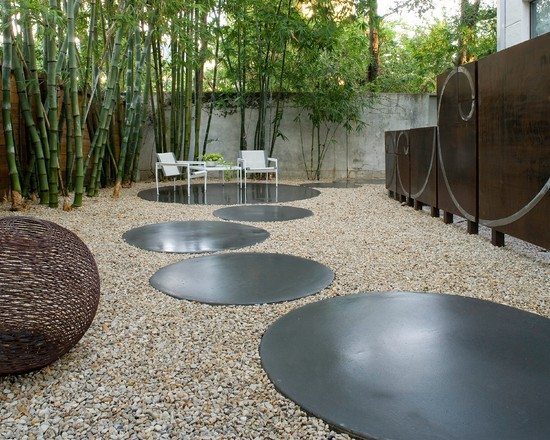 modern landscape traditional asian elements bamboo trees stone paths