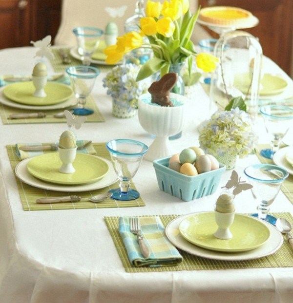 pastel green blue easter dinner setting yellow tulips centerpiece